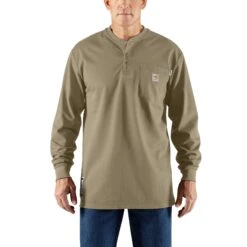 'Carhartt' Men's Flame Resistant Cotton Long Sleeve Henley - Khaki