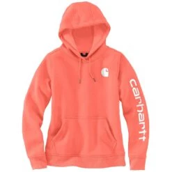 'Carhartt' Women's Clarksburg Logo Sleeve Graphic Hoodie - Electric Coral -Carhartt || Under Armour || The North Face Shop 102791 Q48 WS23 e V2 1024x1024@2x