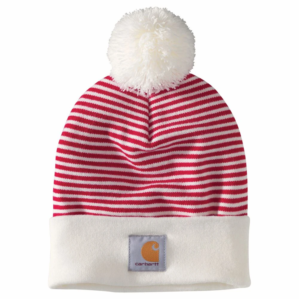 'Carhartt' Adult Knit Pom Pom Cuffed Beanie - Red Stripe 3 'Carhartt' Adult Knit Pom Pom Cuffed Beanie - Red Stripe