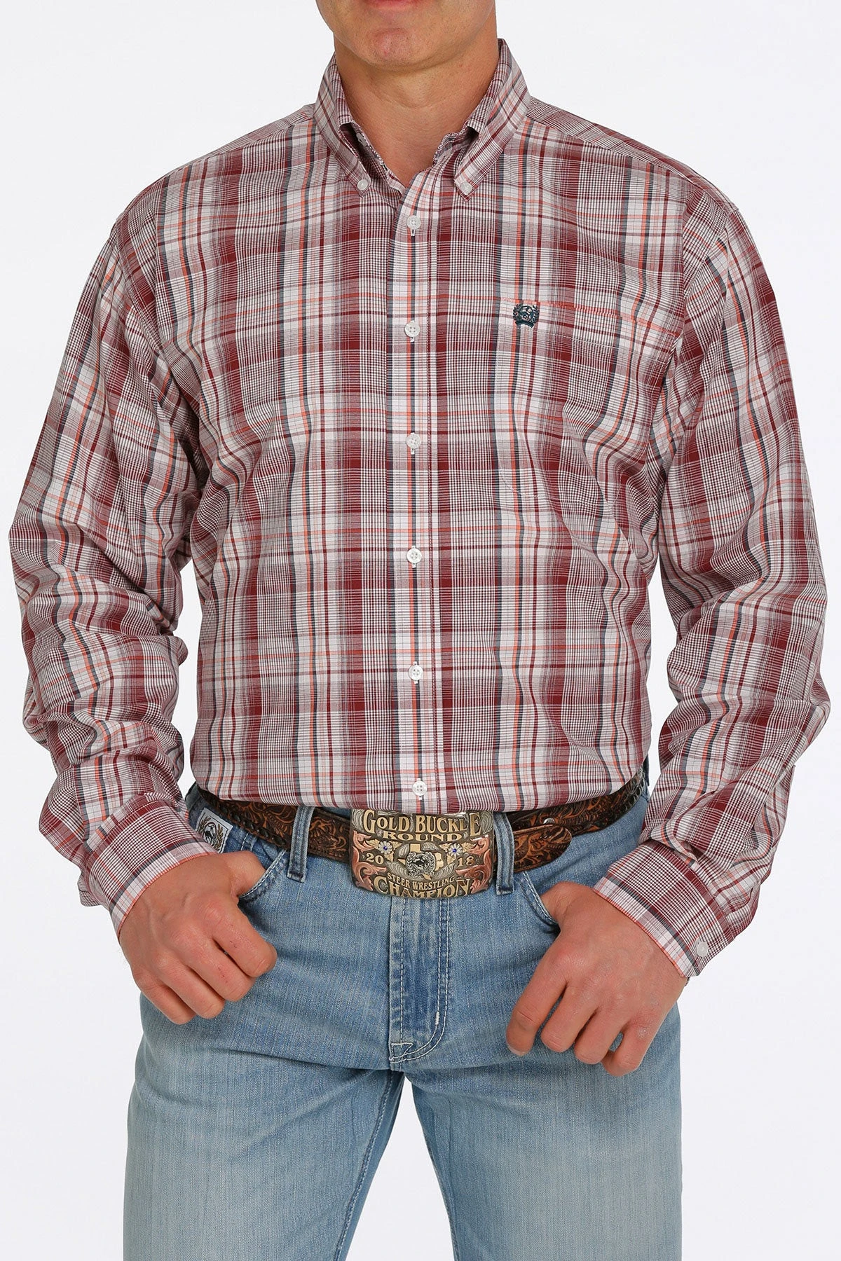 'Cinch' Men's Plaid Long Sleeve Button Down - White / Red 3 'Cinch' Men's Plaid Long Sleeve Button Down - White / Red