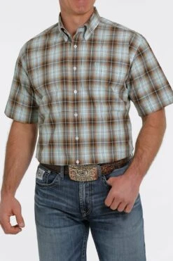 'Cinch' Men's Ombre Plaid Short Sleeve Button Down Shirt - Brown/Turquoise -Carhartt || Under Armour || The North Face Shop MTW1111398 2 1024x1024@2x