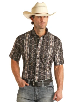 'Panhandle Slim' Men's Aztec Print Button Short Sleeve - Black