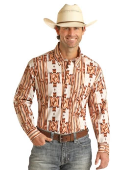 'Rock & Roll' Men's Aztec Print Button Down - White / Rust