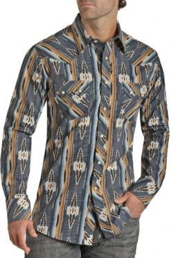 'Rock & Roll Denim' Men's Aztec Vintage Snap Front - Blue