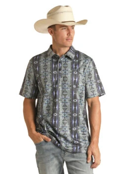'Panhandle Slim' Men's Aztec Print Polo - Charcoal